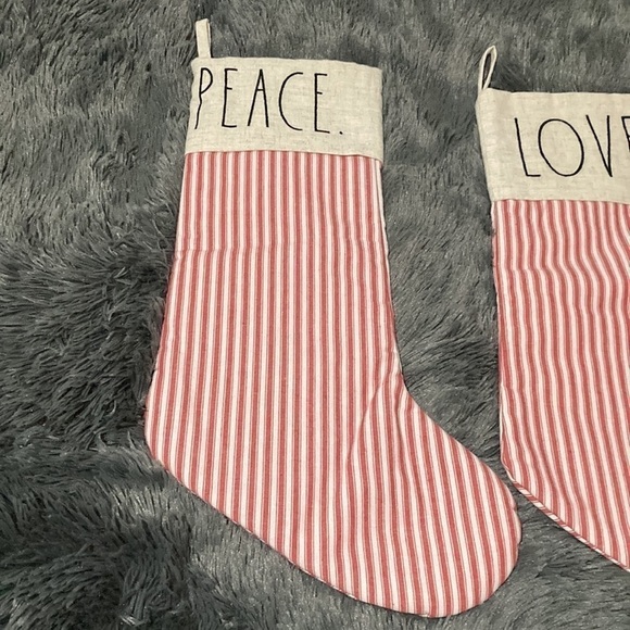 RAE DUNN "PEACE LOVE JOY" RED TICKING STRIPE CHRISTMAS STOCKINGS SET OF 3 - Picture 3 of 12